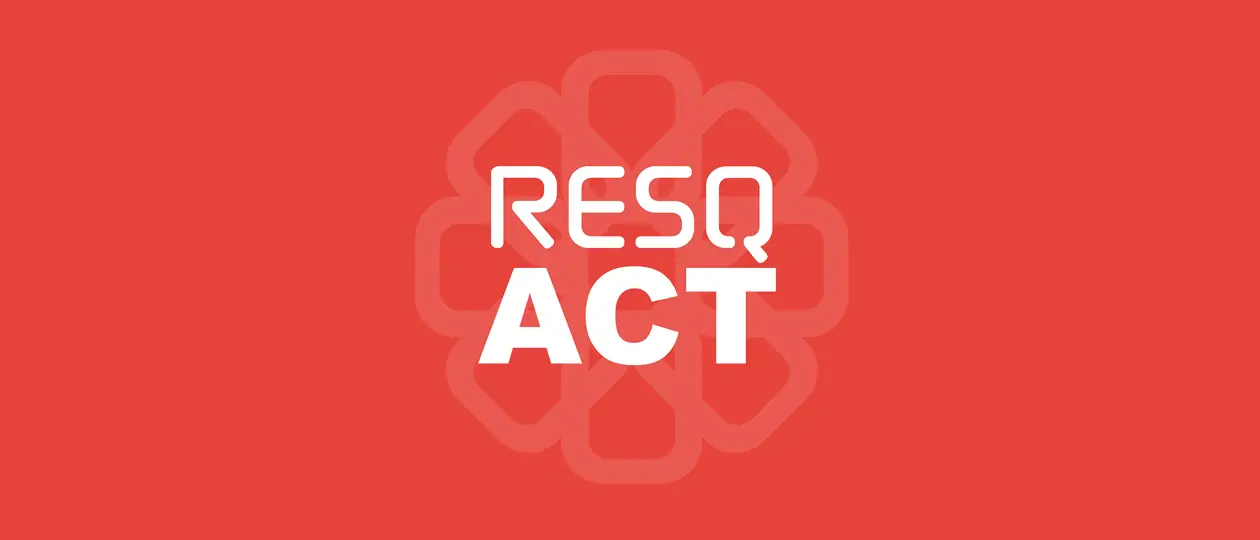 ResQ ACT logo - a flower with slogan on it in a red background