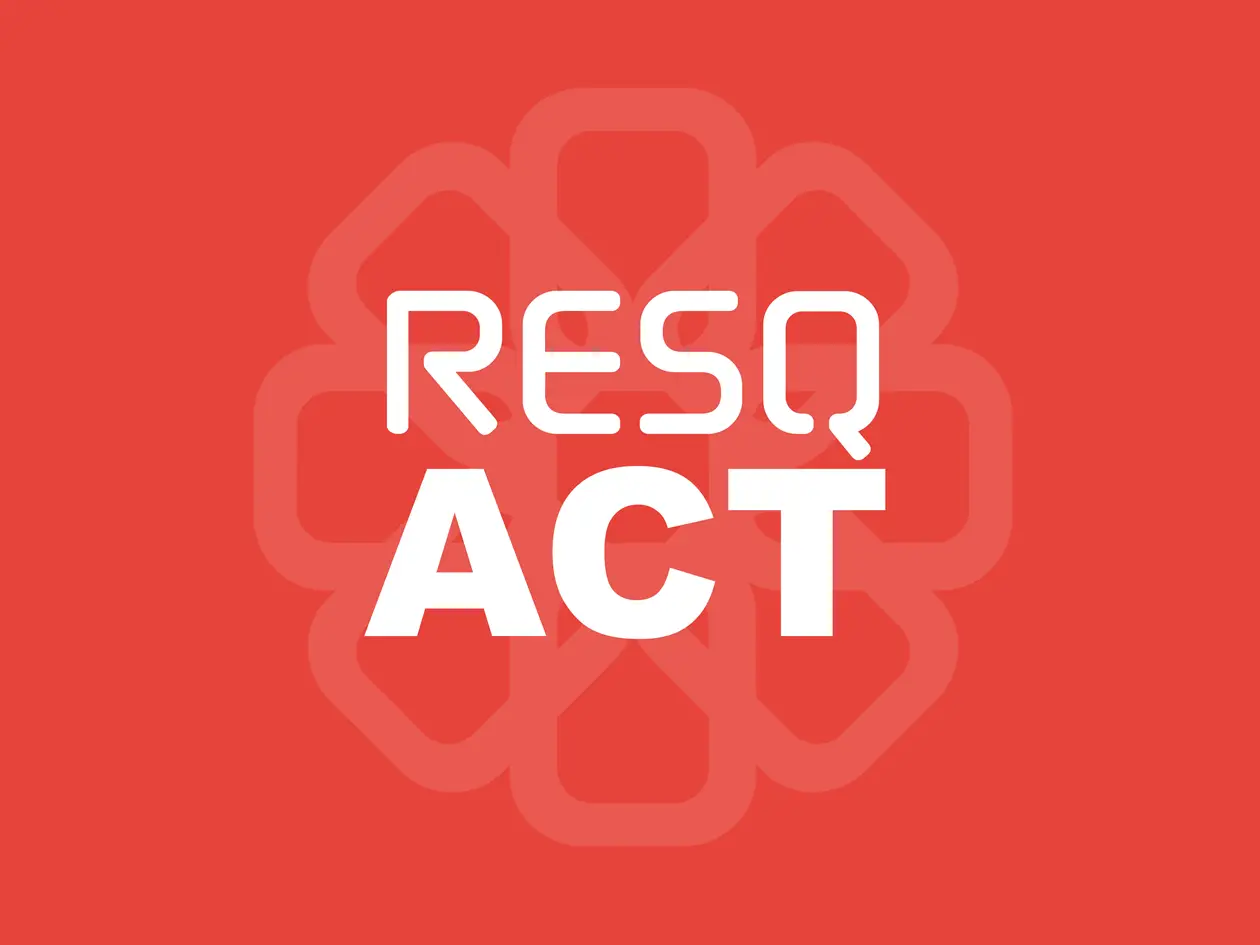 ResQ ACT logo - a flower with slogan on it in a red background